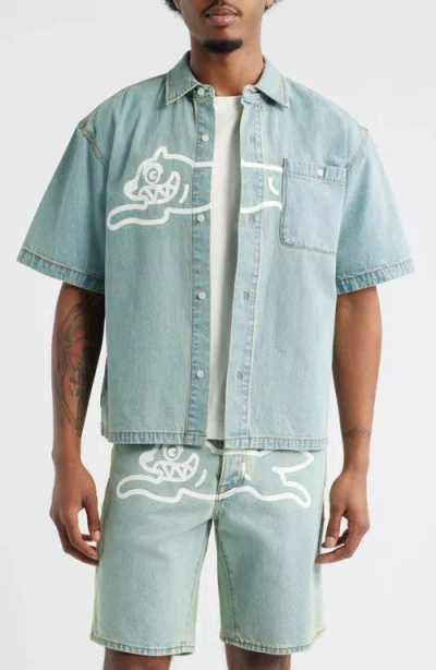 Icecream Running Dog Short Sleeve Denim Graphic Button-up Shirt