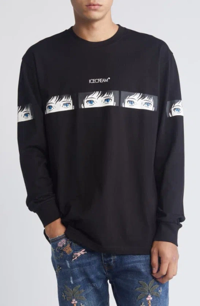 Icecream These Eyes Long Sleeve Cotton Graphic T-shirt In Black