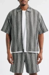 Icecream Vertical Stripe Short Sleve Knit Zip-up Shirt In Gray