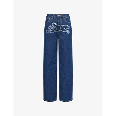 Icecream Womens Indigo Frayed-applique Running Dog Denim Jeans In Purple