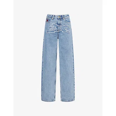 Icecream Womens Light Wash Blue Frayed-applique Running Dog Denim Jeans