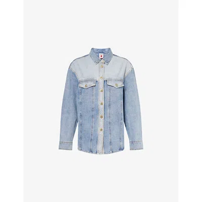Icecream Womens Light Wash Blue Frayed-appliqué Running Dog Denim Shirt