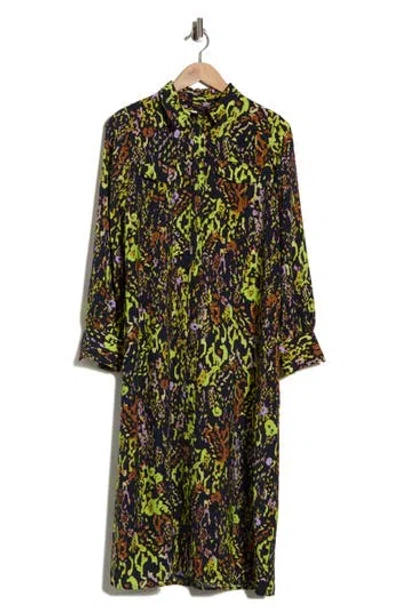 Ichi Animal Print Long Sleeve Shirtdress In Multi