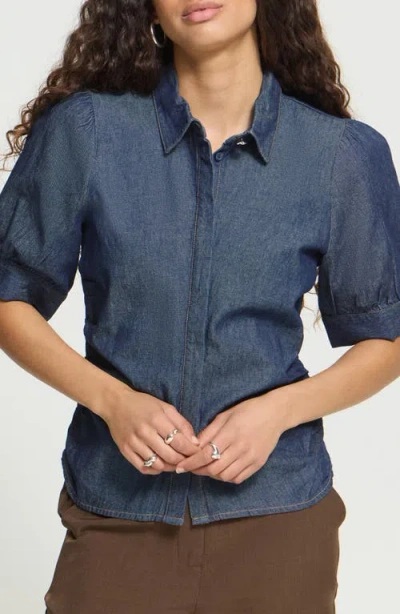 Ichi Archer Puff Sleeve Denim Shirt In Blue