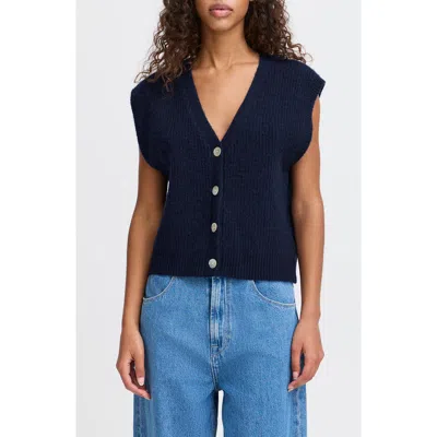 Ichi Button Front Sweater Vest In Blue