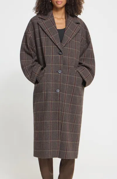 Ichi Checked Longline Coat In Brown