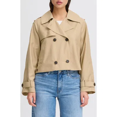 Ichi Cropped Double-breasted Trench Coat In Ivory/cream Beige
