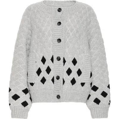 Ichi Diamond Knit Cardigan In Gray