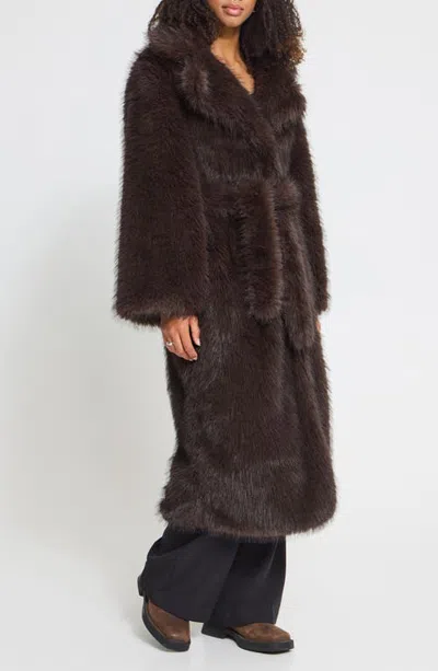Ichi Faux Fur Long Coat In Brown