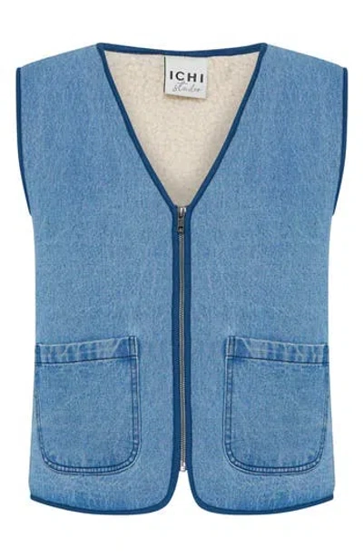 Ichi Faux Shearling Lined Vest In Denim Blue
