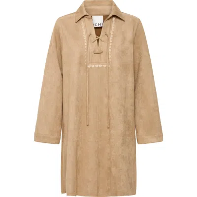 Ichi Faux Suede Long Sleeve Shirtdress In Brown
