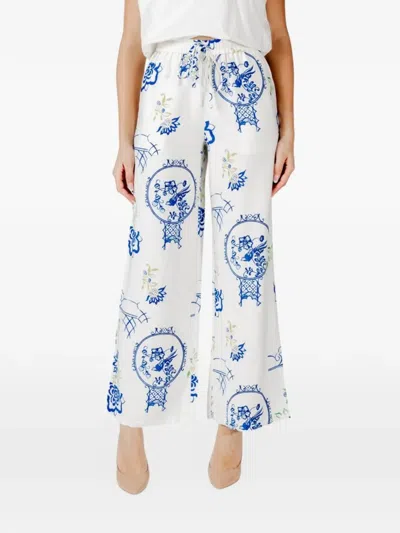 Ichi Floral-print Wide-leg Trousers In White