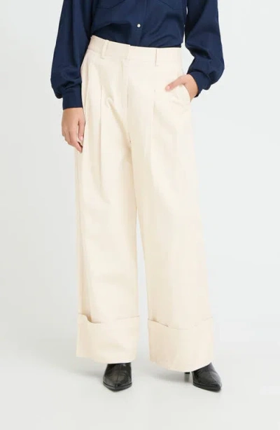 Ichi Ihgazto High Waist Wide Leg Cuff Pants In Neutral