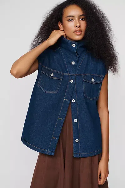 Ichi Ihhiramo Denim Funnel Neck Vest Jacket In Dark Wash