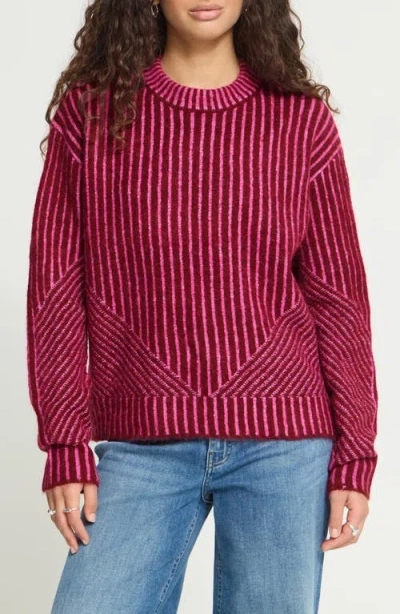 Ichi Ihkamara Striped Crewneck Sweater In Burgundy