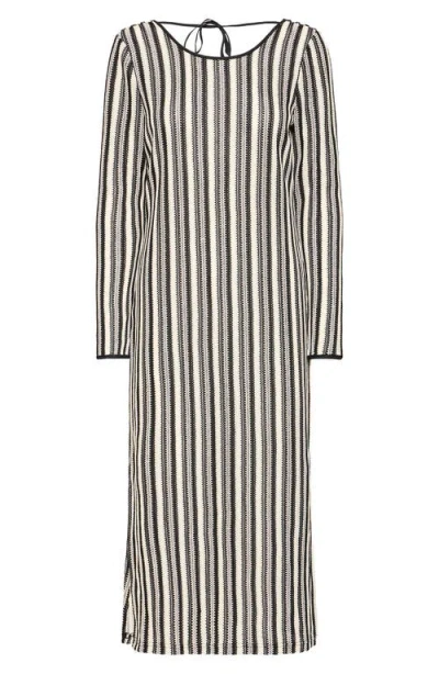 Ichi Ihoska Stripe Open Stitch Long Sleeve Maxi Dress In Black