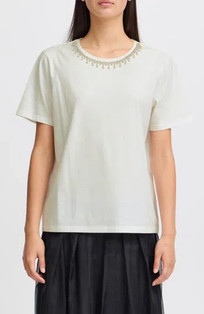 Ichi Jeweled Neckline Cotton T-shirt In White