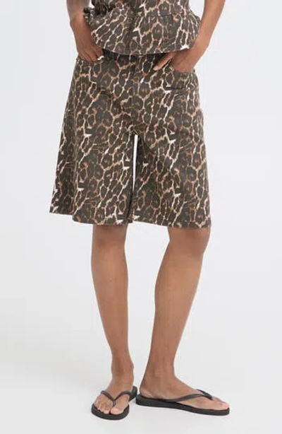 Ichi Leopard Print Denim Bermuda Shorts In Gray