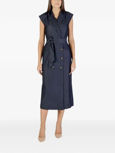 Ichi Midi Double-breasted Belted Dress In Blue