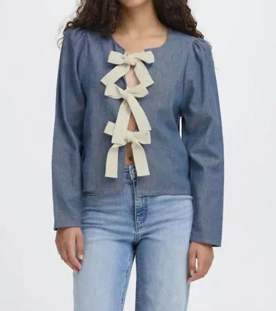 Ichi Osana Long Sleeve Tie Front Top In Blue