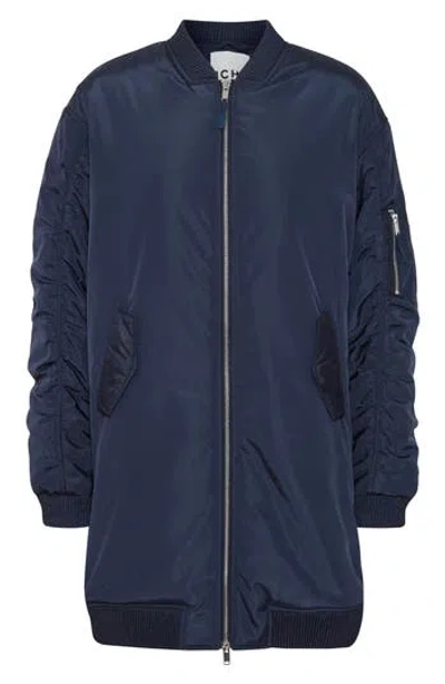 Ichi Oversize Ruched Sleeve Bomber Jacket In Blue