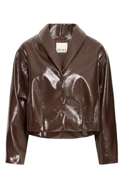 Ichi Patent Faux Leather Cropped Jacket In Brown