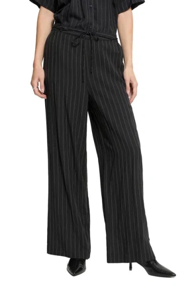 Ichi Pinstriped Wide Leg Drawstring Pants In Black