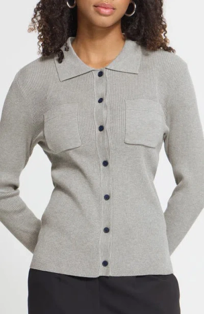 Ichi Rib Polo Cardigan In Gray