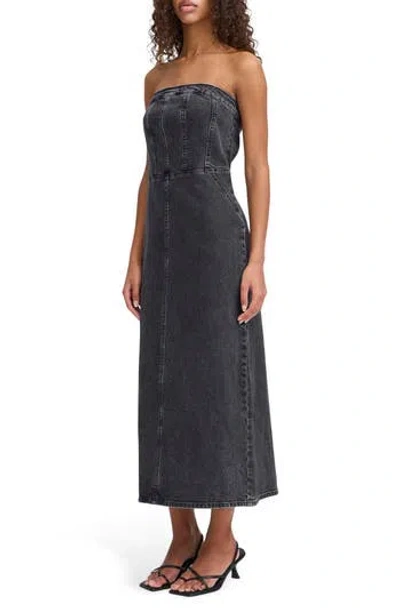 Ichi Strapless Denim Midi Dress In Washed Black