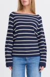 Ichi Striped Boat Neck Sweater In Birch With Black Stripe