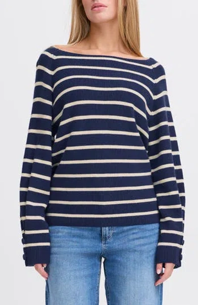 Ichi Striped Boat Neck Sweater In Birch With Black Stripe