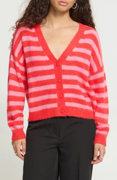 Ichi Striped V-neck Cardigan In Poinsettia With Pink Stripe