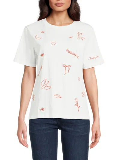 Ichi Women's Cotton Printed T-shirt In Cloud Dancer
