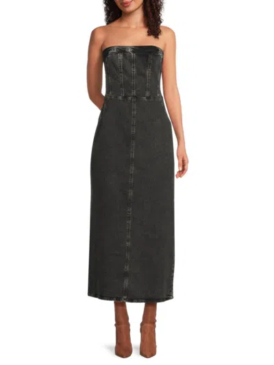 Ichi Women's Strapless Denim Midi-dress In Washed Black