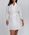 Icollection Cecily Plus Size Lace Robe With Mesh Trimmed Sleeves And Self Tie With Sash In White