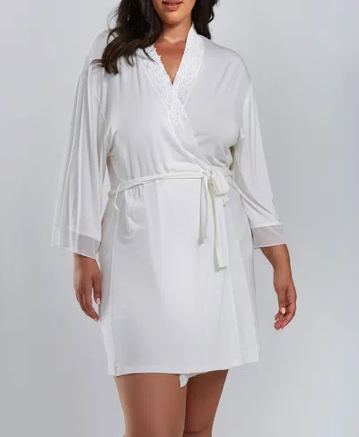 Icollection Cecily Plus Size Lace Robe With Mesh Trimmed Sleeves And Self Tie With Sash In White