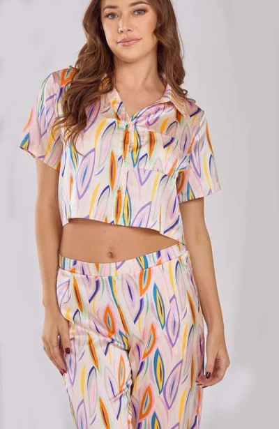 Icollection Classic Satin Crop Pajama Set In White