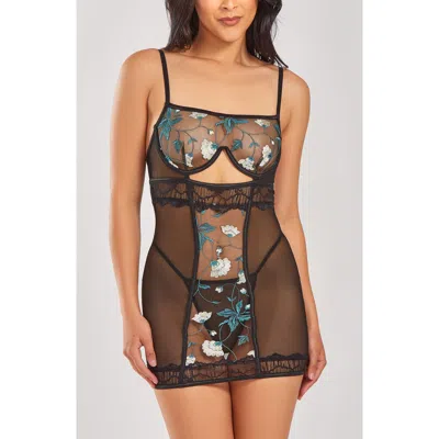 Icollection Embroidered Mesh Peekaboo Chemise Set In Teal-black