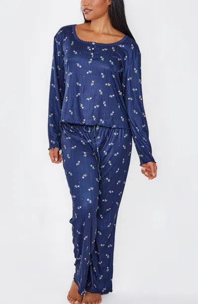 Icollection Floral Pointelle Knit Pullover Pajama Set In Midnight Blue