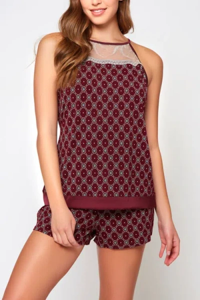 Icollection Geometric Print Lace Halter Cami & Shorts Pajama Set In Brown