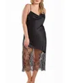 Icollection Jeanie Plus Size Satin Gown With Front Drape And Floral Eyelash Lace Contrast In Black