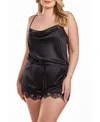 Icollection Jeanie Plus Size Satin Romper With Front Drape And Floral Eyelash Lace Trim In Black