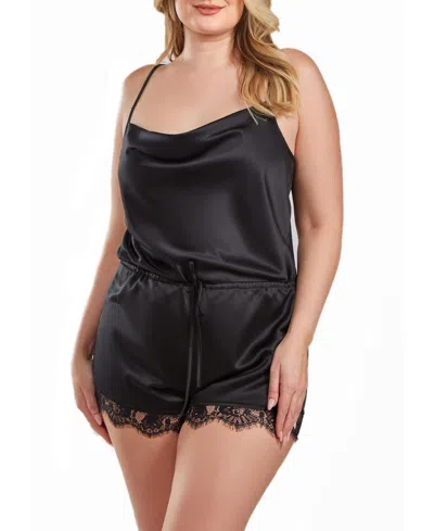 Icollection Jeanie Plus Size Satin Romper With Front Drape And Floral Eyelash Lace Trim In Black