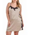 Icollection Kareen Dotted Plus Size Satin Chemise Adorned In Front And Side Lace In Beige