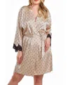 Icollection Kareen Plus Size Dotted Satin Robe With Lace Trimmed Sleeves And Self Tie Sash In Beige