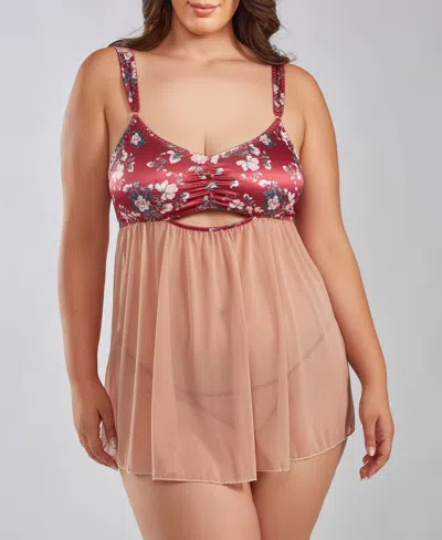 Icollection Kia Plus Size Mesh And Smooth Micro Floral Soft Bra Babydoll With Matching Panty, 2 Piece In Red