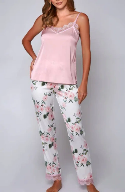 Icollection Lace Trim Satin Cami & Floral Pants Pajama Set In Pink