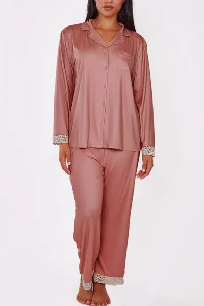Icollection Lace-trimmed Brushed Knit Pajama Set In Mauve