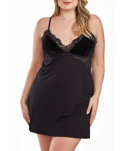 Icollection Layna Plus Size Velore And Velvet-textured Lace Trimmed Chemise In Black