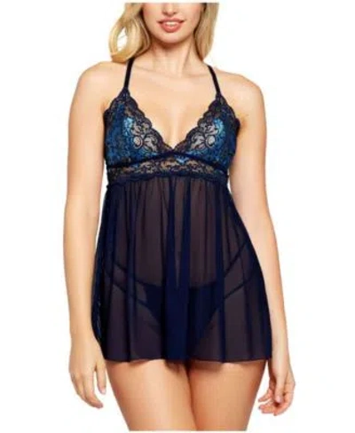 Icollection Natalia Lace Mesh Babydoll Lingerie In Blue